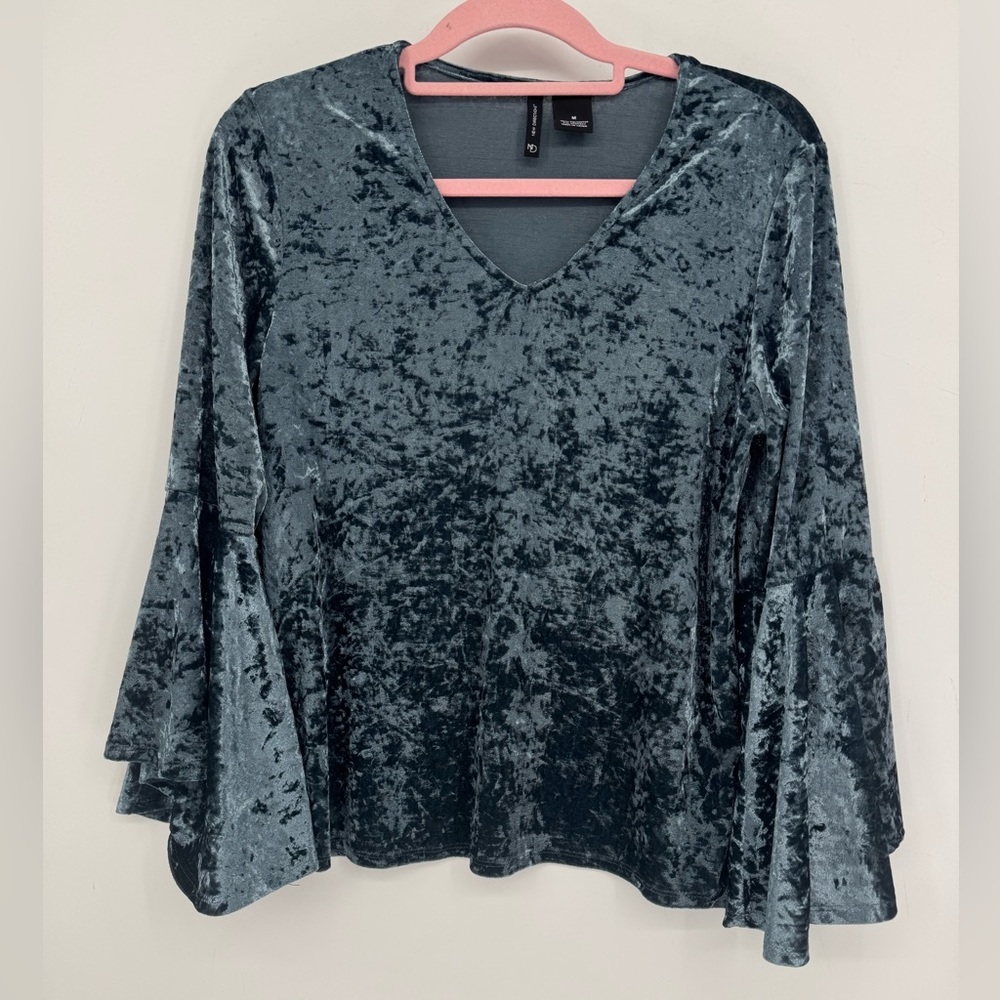 New Directions Women's Velvet V-Neck Blue Blouse With Bell Sleeves Size Medium